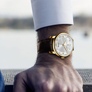 PONIGER – montre-bracelet à Quartz pour hommes, boîtier en acier inoxydable doré, bracelet en cuir véritable, miroir saphir, Date automatique, résistant à l'eau - Product Image 2