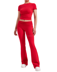Vente en gros Ensemble yoga gym mode sans couture pour <span class=keywords><strong>femme</strong></span> Haut court <span class=keywords><strong>fitness</strong></span> décontracté manches courtes <span class=keywords><strong>femme</strong></span> sport pantalon évasé leggings - Product Image 3