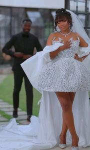 Vestido de Novia de Lujo con Cristales, Corte A, Corto, con Brillo, Estilo Africano, <span class=keywords><strong>para</strong></span> Bodas Civiles, con Chal, Personalizado - Product Image 5