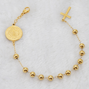 Bracciale Religioso con Perline Placcato Oro 18K in Acciaio Inossidabile con Ciondolo Croce e Vergine Maria Catena a Rosario per Donna - Product Image 2