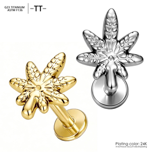 Clous d'oreilles labret en titane plaqué or ASTM-F136 avec zircon, bijoux de corps en forme de feuille pour mariage, fiançailles et piercing corporel - Product Image 1