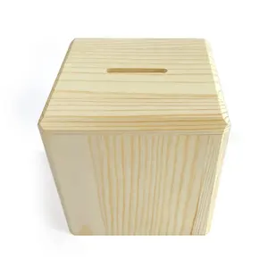 صندوق مخصص مصنوع يدويًا بسعر الجملة من المصنع صندوق نقود بنك للعملات المعدنية على شكل مكعب من الخشب الخنزري غير المنتهي
