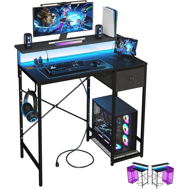Small Gaming Desk LED Lights Long Monitor Stand, Computer Desk Power Outlets CPU Stand, Gamer Table Storage Drawer Home Office
