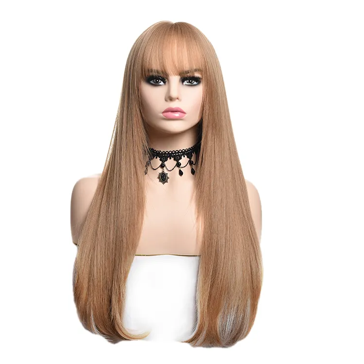 High Quality 28" Long Straight Japan Futura Wig Lace Brown Women Synthetic Cosplay Blonde Wig Synthetic Blond With Bangs