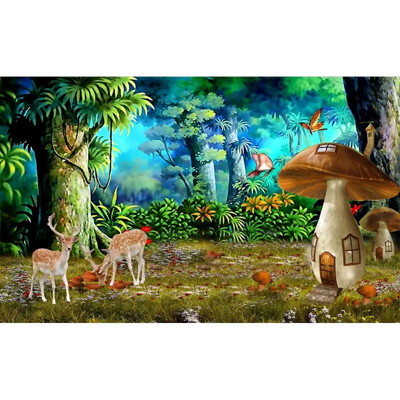 KOMNNI personnalisé enfants peintures murales photos dessin animé forêt champignon cerf papier peint pour enfants chambre toile de fond décoration Papel De Parede