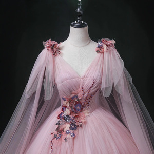 Dusty Rose Pink Long Tulle Dress With 3D Floral Embellishments Stage Performance Women's Elegant Gown - Product Image 1