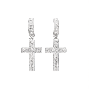 E4208 <b>White</b> <b>Gold</b> Diamond <b>Cross</b> Earrings Women's Religious Ceremonies Natural Round Brilliant Cut D Color - Product Image 1