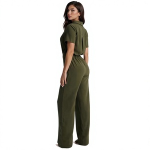 Combinaison décontractée pour femme, vert olive, taille haute, manches courtes, col polo, coupe ample, longueur intégrale, couleur unie, printemps-été - Product Image 1