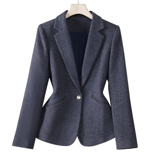 Women's <b>Wool</b> Blazer Gray Blue Solid Color Slim Fit Anti Wrinkle Autumn Winter Jacket - Product Image 5