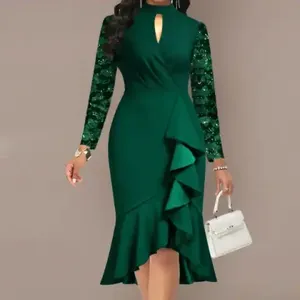 2023 Vestidos Undefined Ladies Clothes Mulheres Casual Inverno Escritório Negócios Trabalho Flounce Lace Stitching Dark Green Mermaid Dress