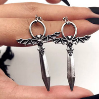 Boucles d'oreilles pendantes gothiques ailes de chauve-souris, en acier inoxydable argenté antique, longues, pour femmes, bijoux punk médiévaux sorcière