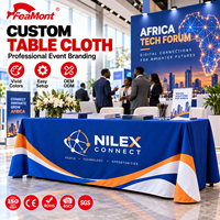 Housse de table publicitaire FEAMONT en sublimation par transfert thermique, housse ajustée en spandex 4ft 6ft 8ft pour conférences et événements d'entreprise