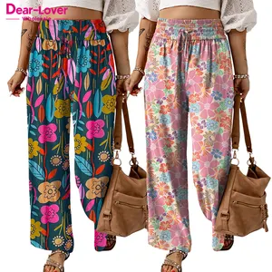 Dear-Lover Wholesale Private Label Casual Floral Print Smocked High Waist Cotton Summer Loose Fit Wide Leg Pants Women