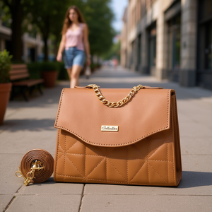 Bolso de Hombro Fana Dafne de Cuero Camel con Cierre de Solapa Acolchado con Diamantes para Uso Diario - Product Image 2