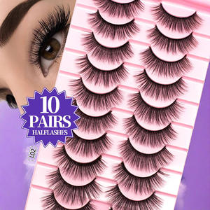 Lot de 10 paires de faux cils synthétiques à bande transparente, courbure naturelle, avec boîte, modèle à bande transparente - Product Image 1