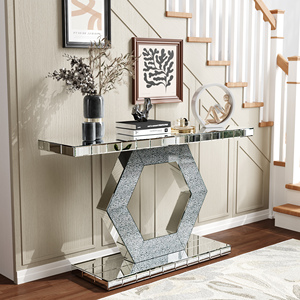 Hexagon Mirror Entryway <b>Console</b> <b>Table</b> With Diamond <b>Glass</b> Effects Dual Tier Luxury Foyer Decor - Product Image 1
