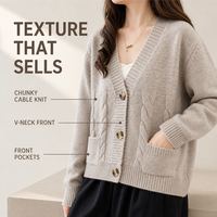 Kardigan Rajut Kabel Wanita Warna Beige, Kerah V, Lengan Panjang, Kancing Depan, Tekstur Kepang, Manset Bergaris, Model Crop, Pakaian Santai untuk Layering