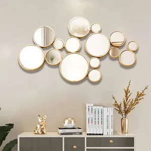 Modern home decor luxury art design 3D wall hanging specchio da parete rotondo con cornice in legno dorato geometrico multiplo