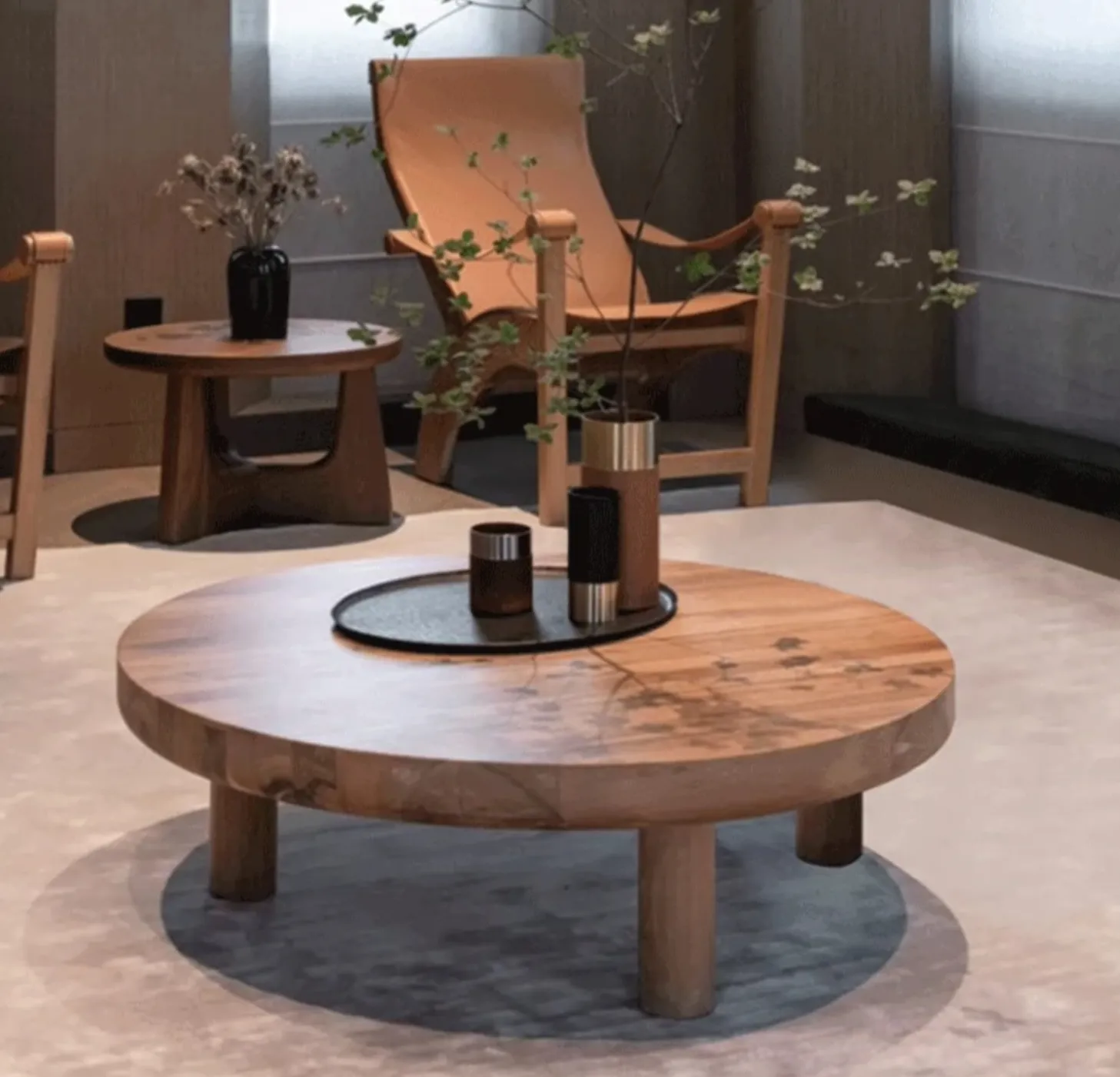 Tavolo da tè rotondo nordico in legno massello per casa da salotto log tavolino rotondo semplice tavolo da tè retrò giapponese