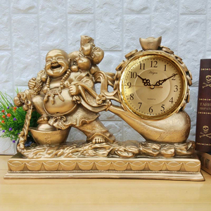 Factory Feng Shui Resin Brass Gold the God of Wealth Desk <strong>Clock</strong> Buddha <strong>Statues</strong> <strong>Clock</strong> for Office Decor