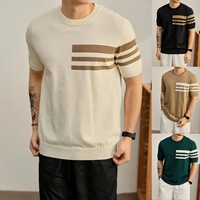 Nouvelle chemise d'été pour homme à manches courtes en maille rayée, coupe ajustée en soie glacée