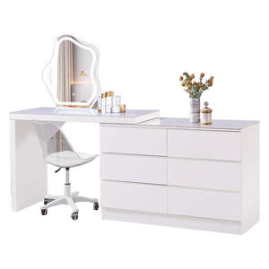 Coiffeuse moderne en bois massif avec miroir LED et tabouret pour chambre de fille, dortoir, maquillage et manucure - Product Image 5