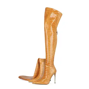 Özel timsah baskı diz üzerinde çizmeler sivri burun Stiletto topuk moda ayakkabılar yan Zip kadınlar için uyluk yüksek çizmeler