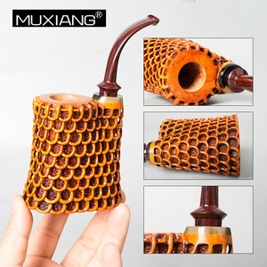 Muxiang Tobacco Pipe Bent Type Fragrant Photinia Wood Openwork Fish Scale Carving For Smoking Men Gift - Product Image 5