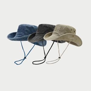 2025 New Arrival Solid Color Wide Brim Fisherman <b>Hat</b> Retro Washed Denim Casual Sunscreen 58cm Cowboy <b>Hat</b> with Windproof String - Product Image 1