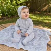 Ensemble cadeau pour bébé en coton tricoté ajouré à motif vague, comprenant une barboteuse à pieds, un bonnet et une couverture, ensemble layette 3 pièces pour nouveau-né, gris, personnalisable OEM, vente en gros