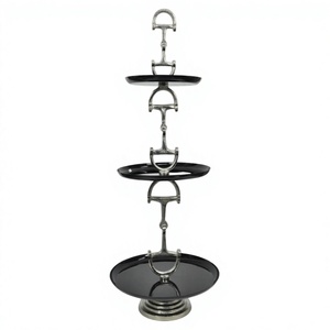 Plateaux noirs ronds, plats de service, style mors de cheval argenté, support à gâteau décoratif à 3 niveaux, articles de décoration de table pour événements et fêtes - Product Image 1