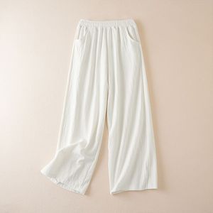 Summer Cotton Linen Cropped Wide Leg Pants With Pockets Loose Fit Breathable Casual Women's Trousers Orange - Product Image 4