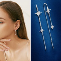 Nouveautés exquis 925 argent longue chaîne deux étoiles enfileur moissanite étoile goutte boucle d'oreille