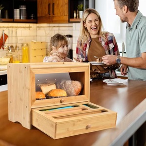 Wooden Bread <b>Storage</b> <b>Box</b> With <b>Drawer</b> For Kitchen Countertop Cling Film And Pastry Organization Solid Color Rectangle Design - Product Image 5