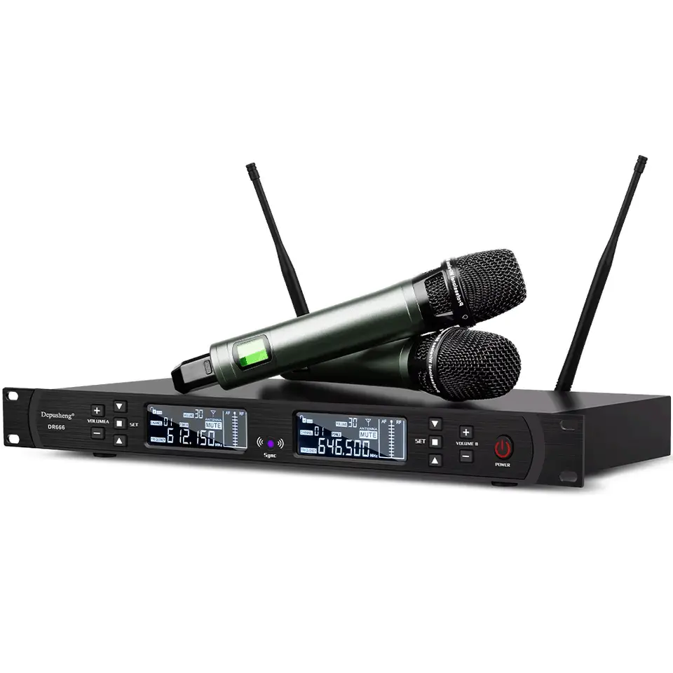 Depusheng DR666 Professional Uhf Dual Channel Handheld Long Range two Wireless Microphone with A Host