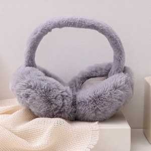 Orejeras de piel de conejo sintética, calentadores de orejas plegables y cálidos para invierno, para mujeres, estudiantes, uso en interiores, color gris, rosa, color polvo - Product Image 2