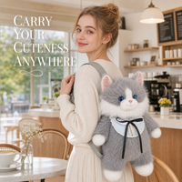 Sac à dos scolaire pour filles, en forme de chat réaliste, en fausse fourrure grise, noire et beige, avec nœud papillon et dentelle, style Kawaii, doux et rembourré