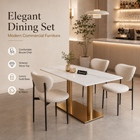 Ensemble de salle à manger élégant, chaise en bouclette et table en pierre avec base dorée pour restaurant, café, salon et hôtel.
