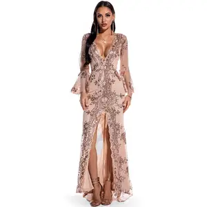 2022 New Arrival Classy Long Sleeves Women Clothing Prom Long Gown Bridal Lace Elegant Party Sequin Evening Dress