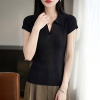 Pull d'été élégant et décontracté pour femme, en maille côtelée texturée, col polo, manches courtes, col en V, coupe ajustée, maille fine, boutonné