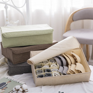 Foldable Cotton Linen Underwear <b>Storage</b> <b>Box</b> With Lid And Compartments Rectangle <b>Drawer</b> Style Clothing Organizer - Product Image 1