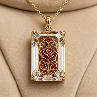 Collier Pendentif Rectangulaire en Cristal Taille Émeraude Plaqué Or avec Rose Rouge et Zircon Cubique, Bijou Floral Gothique Romantique, Marque OEM