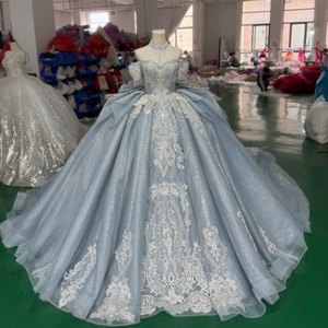 Robe de bal de Quinceañera Xss44 Mexico Garden, bleu poussière, avec appliques de dentelle, à volants, longueur ras du sol, style vintage naturel, pour soirée - Product Image 5