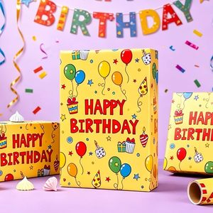 Papier cadeau d'anniversaire avec motifs de ballons colorés, mots « Joyeux Anniversaire » avec découpe au dos, personnalisable - Product Image 1