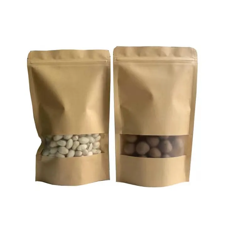 再封可能な食品包装フロストクラフト紙ポーチジッパー付きクリアウィンドウジップロックスタンドアップバッグナッツ用スナック包装