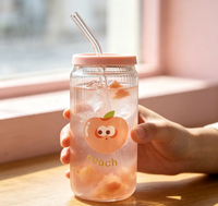 Gobelet en verre côtelé imprimé pêche avec couvercle rose, en borosilicate, avec paille en verre pour jus, lait, thé, café glacé