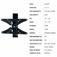 DMP LCD2400 13-31 inci VESA 200x100 20kg Tilt Swivel Extension 70mm Aluminium TV Wall Mount