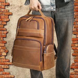 Crazy Horse <b>Leather</b> <b>Backpack</b> <b>Large</b> Capacity Multi-pocket Business Travel Men's Bag Solid Color Soft Handle 36-55L - Product Image 1