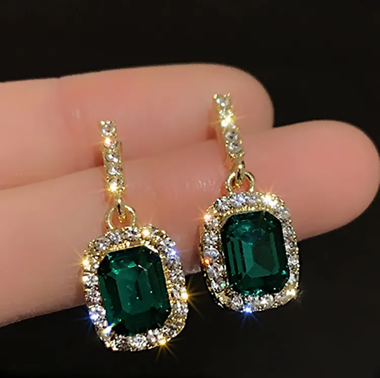 Pendientes de lujo con Circonia cúbica para mujer, aretes pequeños, de diamante verde profundo, cuadrados, estilo bohemio