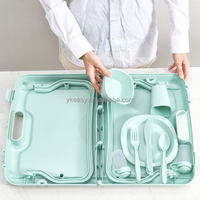 Ensemble de vaisselle de camping pas cher, vaisselle de pique-nique avec table pliante, ensemble de vaisselle de pique-nique en plastique, vert beige rose